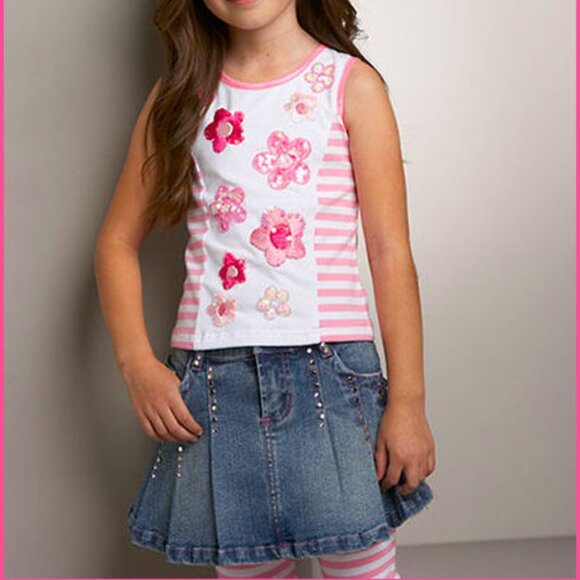 sz 5 NEW 3pc Top Skirt & leggings Set Denim Skirt Sequins Laces Boutique $150 - Picture 2 of 3